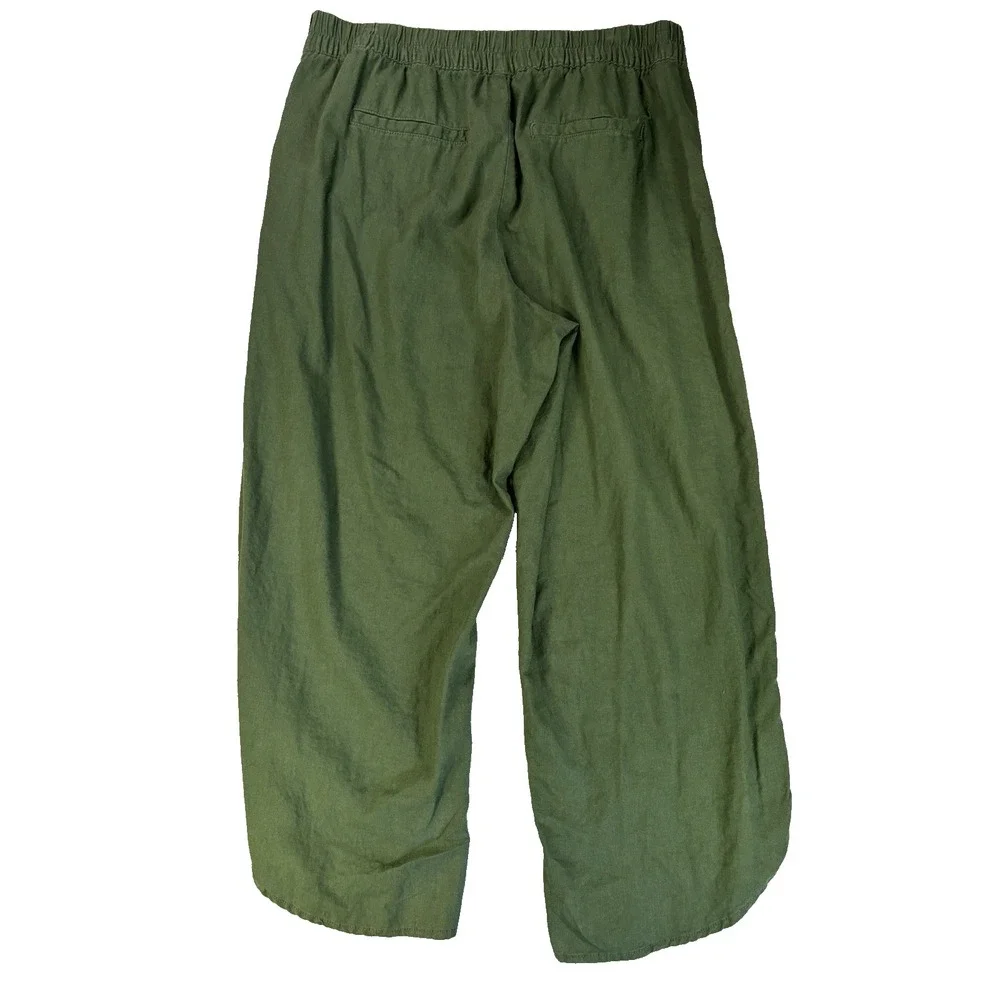 Dip Linen Blend Cropped Pants XL Olive Green Wide Leg Coastal Boho Relaxed Crop